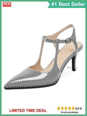 Kitten Heel Slingback Pumps Pointed Toe Ankle Strap Beaded Formal Heels